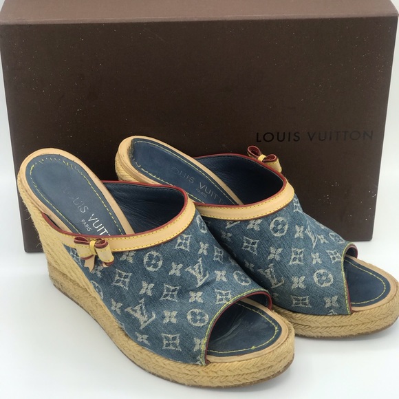 Louis Vuitton Shoes - Louis Vuitton Denim Wedge Espadrilles Bow Sandals